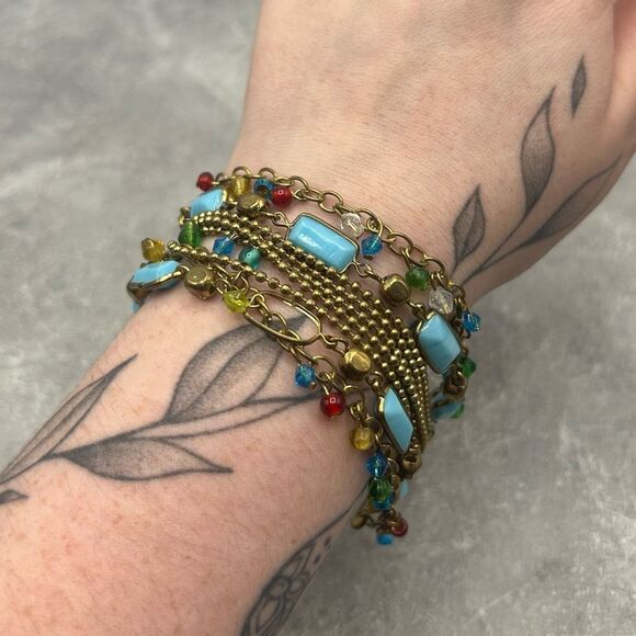 Vintage Brass Gold Tone Blue Beaded Rhinestones Chain Bracelet - Picture 3 of 14